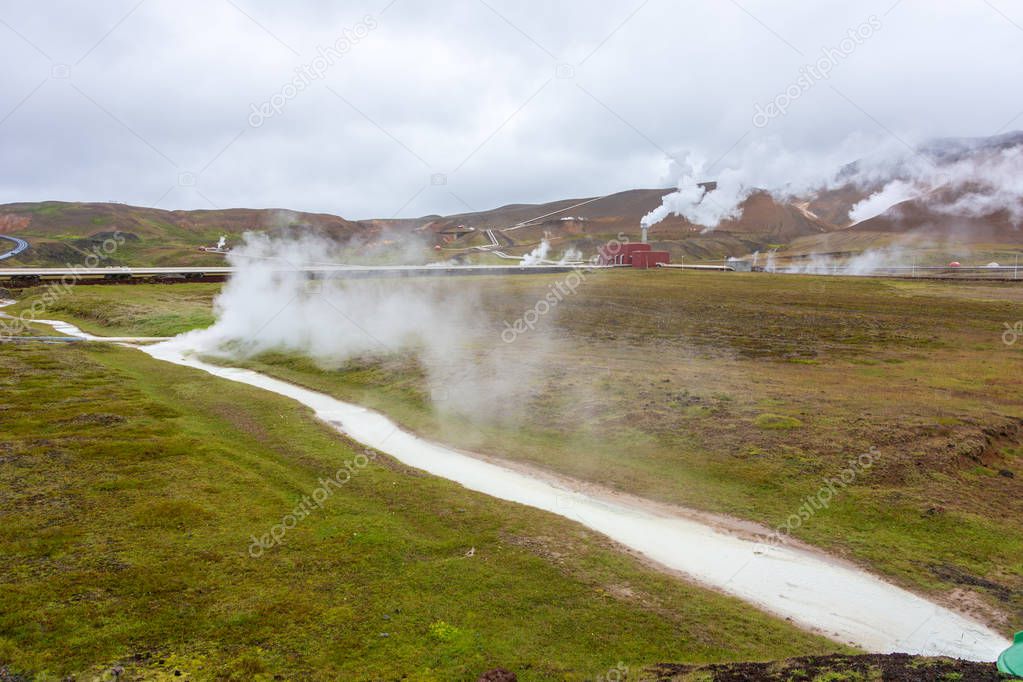 Krafla Geothermal Power station in North Iceland, where water superheated by magma is used to generate electrical power