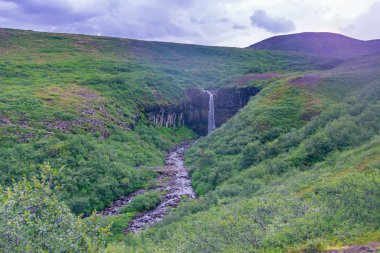 Şelale mavi saat boyunca South Iceland'deki / daki Vatnajokull buzul kenarında Skaftafell Milli Parkı