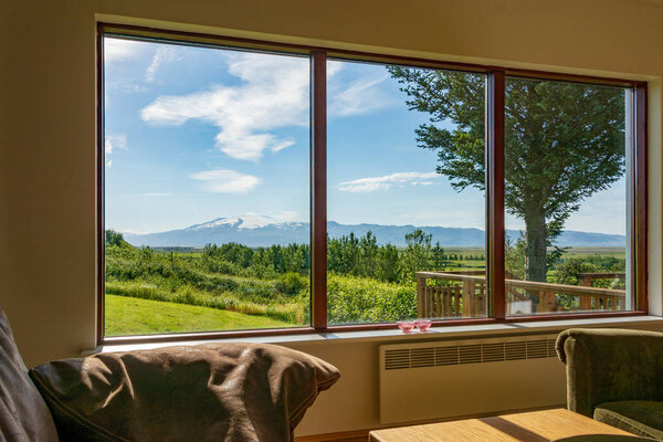 View from an icelandic guest house in Hvolsvollur overlooking the Eyjafjallajokull volcano and country side