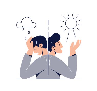 Bipolar bozukluk, insanda ruh hali değişiklikleri, bölünmüş delilik ve depresyon dönemi var. Manik depresyon, zihinsel durum bozukluğu web için konsept koleksiyonu