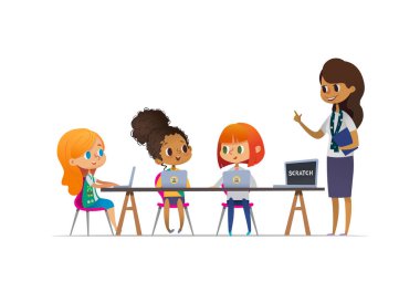 Happy girl scouts sitting at laptops and learning programming during lesson, smiling female troop leader standing near them. Concept of coding for children in scouting camp. Vector illustration. clipart
