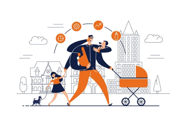 Man with task icons around head and several arms carries newborn child, stroller, bag with food, talks on phone and leads daughter walking dog on leash. Concept of single father. Vector illustration. — Stock Vector