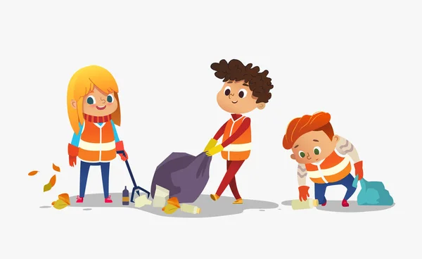 Two boys and girl wearing orange vests collect rubbish for recycling, Kids gathering plastic bottles and garbage for recycling. Early childhood education.Vector. isolated. — Stock Vector