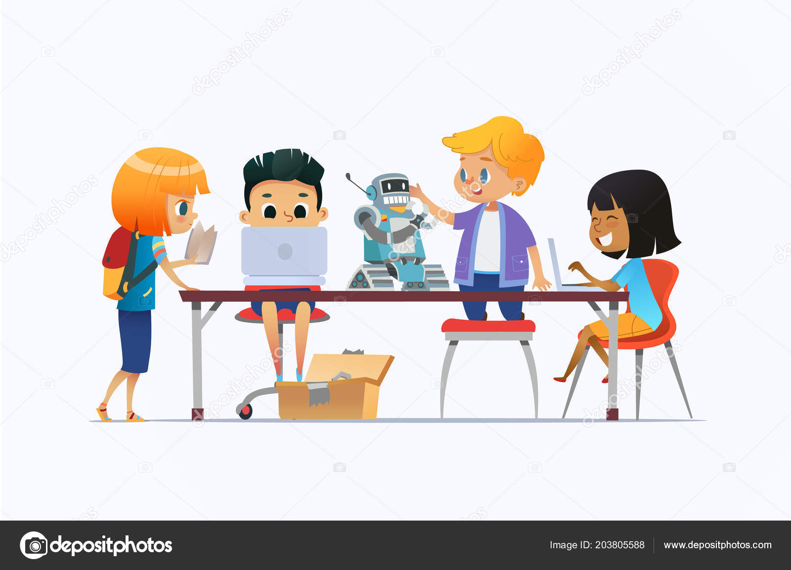 Boys And Girls Standing And Sitting Around Desk With Laptops And