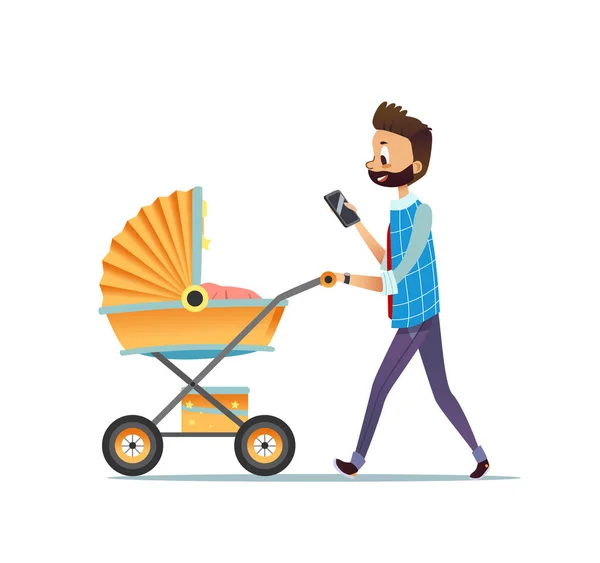 Vater geht mit Kind im Kinderwagen und SMS auf Smartphone. Vater trägt Kinderwagen mit seinem neugeborenen Baby isoliert auf weißem Hintergrund. Vaterschaft oder Elternschaft. Vektorillustration. — Stockvektor