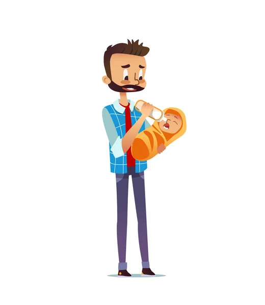 Hombre sosteniendo y alimentando al recién nacido con biberón. Papá dándole leche a un bebé. Padre soltero cuidando del bebé. Lindo personaje de dibujos animados aislado sobre fondo blanco. Ilustración vectorial plana . — Archivo Imágenes Vectoriales