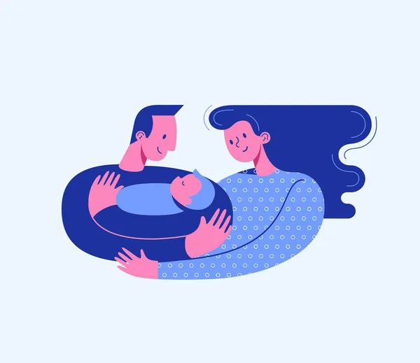 Dad hugging and cuddling baby boy or girl and nursing him. Mum hugging dad and son. Parents embracing newborn and expressing love and care. Modern vector illustration logo symbol for banner, website.