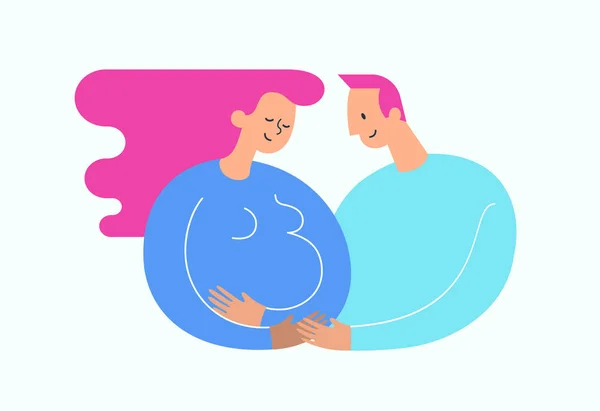 Těhotná žena hladí její břicho. Šťastný tatínek ji objímají. Dengue a baby očekávání konceptu. Moderní obrázek lze použít jako logo symbol. nápisu nebo webové stránky ilustrace. Vektor — Stockový vektor