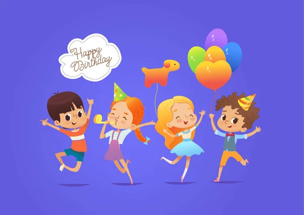 Happy kids with the balloons and birthday hats happily jumping with their hands up against blue background. Birthday party characters. Vector illustration for website banner, poster, invitation — Stock Vector