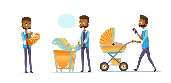 Pai afro-americano cuidando de criança isolada em fundo branco. Conjunto de homem alimentando bebê, mudando fralda, carregando carrinho. Super pai, paternidade moderna. Desenho plano ilustração vetorial . — Vetor de Stock