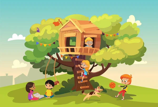 Happy multiracial boys and girls playing and having fun in the treehouse, kids playing with dog, and watering gun, reading book and climb ladder in the neighborhood. Detailed vector Illustration. — Stock Vector