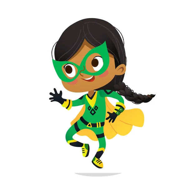 踊るアフリカ系アメリカ人の少女 superheroe のカラフルな衣装を着て、白い背景上に分離。パーティの招待状、web、マスコットの子供のスーパー ヒーローの漫画ベクトル文字 — ストックベクタ