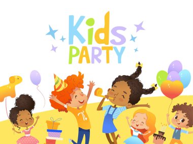 Joyous Multiracial kids in birthday hats and balloons happily jump. Cute rabbits, a bunch of presents on the background. Vector Illustration of a Happy Birthday Greeting Card or invitation flyer. clipart
