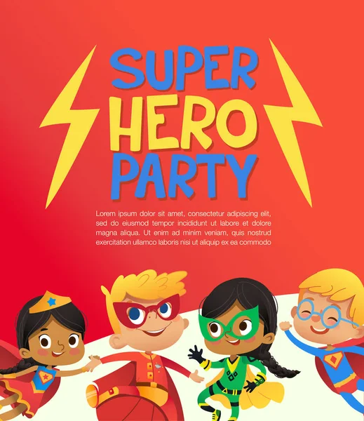Gioioso bambini multirazziali in costume da super eroe e palloncini felicemente saltare. Illustrazione vettoriale di un poster di Super Hero Party o di un volantino d'invito . — Vettoriale Stock