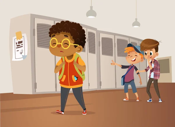 Θλιβερή υπέρβαροι Αφρικανικός-αμερικανική αγόρι που φοράει γυαλιά που διέρχεται από το σχολείο. Τα αγόρια του σχολείου και gill γελώντας και δείχνοντας το παχύσαρκο παιδί. Σώμα διαπόμπευση, λίπος διαπόμπευση. Θυματοποίηση στο σχολείο. Εικονογράφηση διάνυσμα — Διανυσματικό Αρχείο