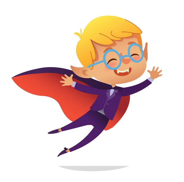 Kids Costume Party. Dracula Vampire Boy in Halloween devil costume laughing and flying. Cartoon vector Character for party, invitations, web, mascot. Isolated — Stock Vector