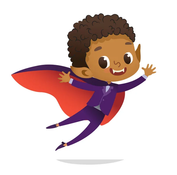 Çocuklar kostüm partisi. Afrikalı-Amerikalı Dracula vampir çocuk gülüyor ve uçan şeytan kostüm. Parti, davetiyeler, web, maskot için vektör karakter karikatür. İzole — Stok Vektör
