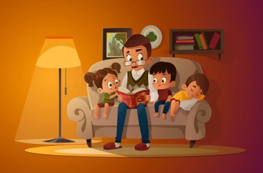 Grandfather sitting with grandchildren on a cozy sofa with the book, reading and telling book fairy tale story. Boys and girl listen to him. Vector cartoon illustration. Cozy family evening. clipart