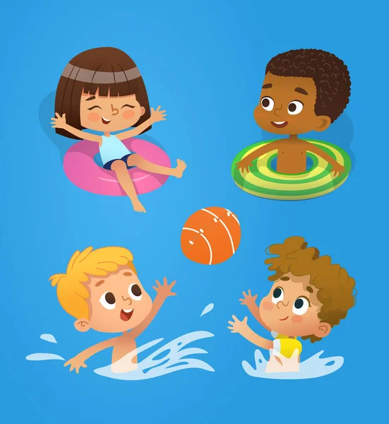 Basen charakter. Wielorasowe dzieci bawić się w basenie. Dzieci, grać w piłkę w wodzie. Dziewczyna Pływanie w nadmuchiwany pierścień — Wektor stockowy