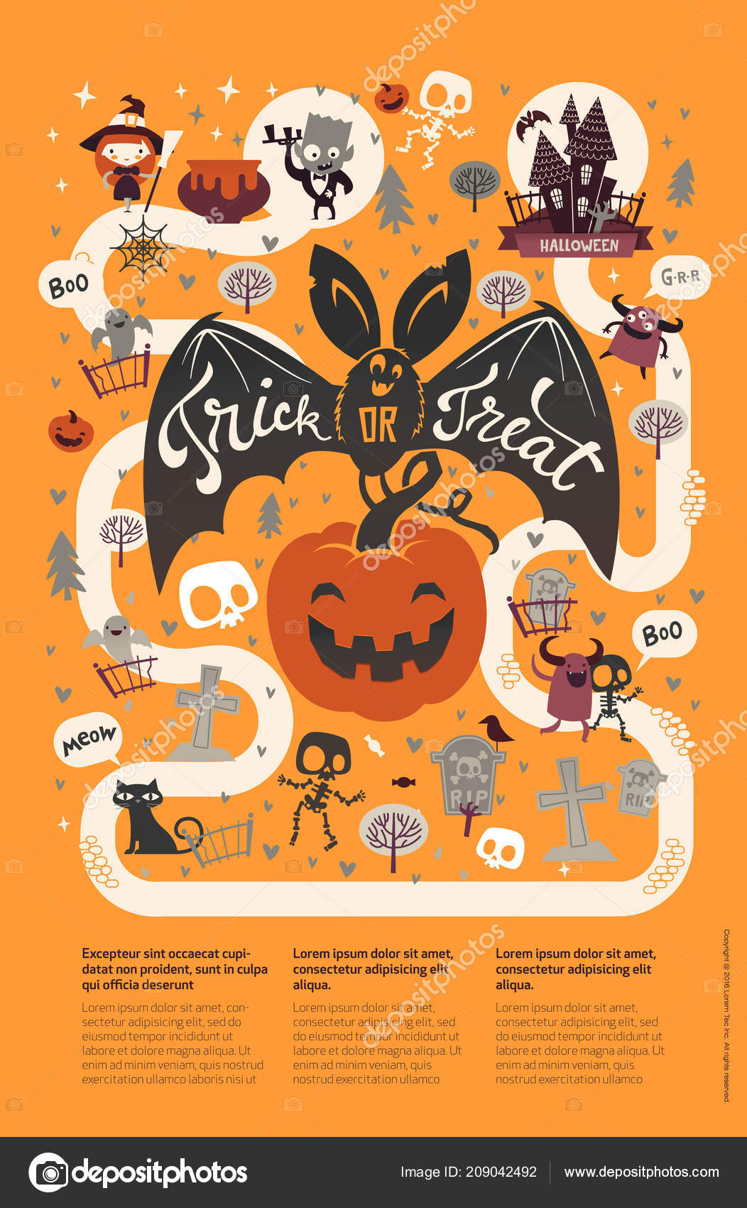 happy halloween flyer template in a flat style with funny and spooky