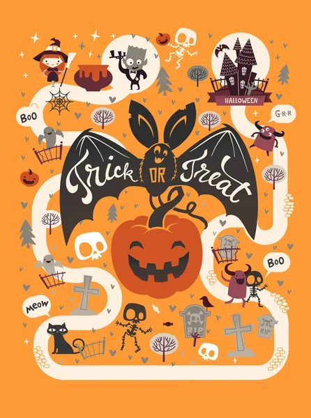 Happy Halloween flyer mall i en platt stil med festliga karta, rolig och kusliga seriefigurer och plats för text. Vektorillustration för festinbjudan, gratulationskort, tillkännagivandet banner. — Stock vektor