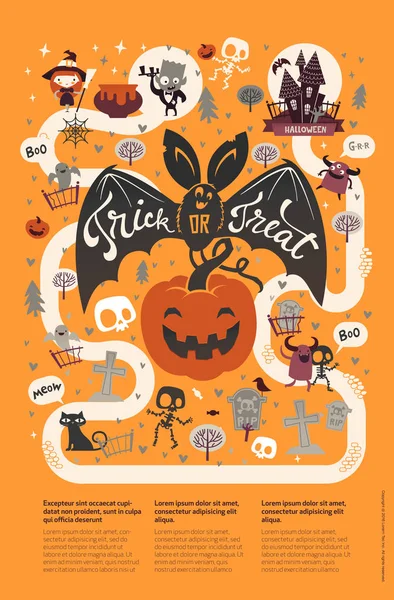 Joyeux modèle de flyer Halloween dans un style plat avec des personnages de dessin animé drôles et effrayants et un endroit pour le texte. Illustration vectorielle pour invitation de fête, carte de vœux, bannière d'annonce . — Image vectorielle