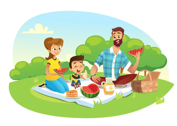 Szczęśliwa rodzina na piknik. Tata, Mama i syn są odpoczynku w przyrodzie. Ilustracja wektorowa w stylu płaski. — Wektor stockowy