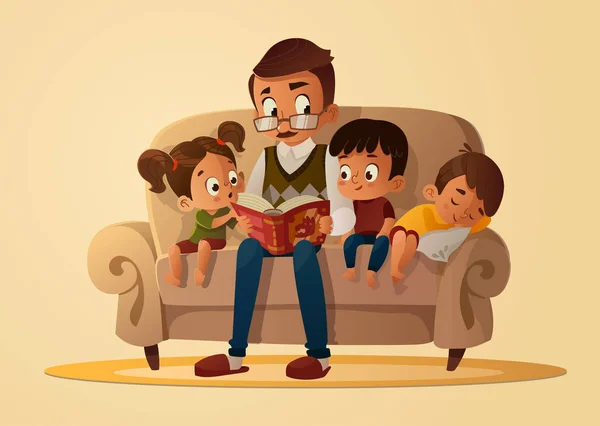 Grand-père assis avec ses petits-enfants sur un canapé confortable avec le livre, lire et raconter l'histoire de conte de fées livre. Garçons et filles l'écoutent. Illustration vectorielle de dessin animé. Soirée familiale confortable. Isolé — Image vectorielle