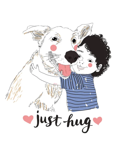 Cute Little Boy Hugging His Friend Big Dog. True friendship concert. Carrying of pets concept. Can be used for t-shirt print, kids wear fashion design, baby shower invitation card. Just Hug lettering — Stockvector