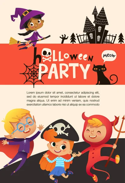 Flyer eller affisch mall med söta glada små pojkar och flickor klädda i halloween kostymer och plats för text. Färgglada holiday vektorillustration i platta tecknad stil för part tillkännagivande. — Stock vektor