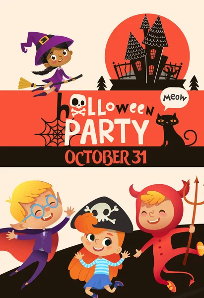 Modèle d'invitation de fête d'Halloween avec adorables enfants joyeux vêtus de costumes de fête de sorcière, vampire, diable et pirate. Illustration vectorielle colorée dans le style de dessin animé plat pour l'annonce de l'événement . — Image vectorielle