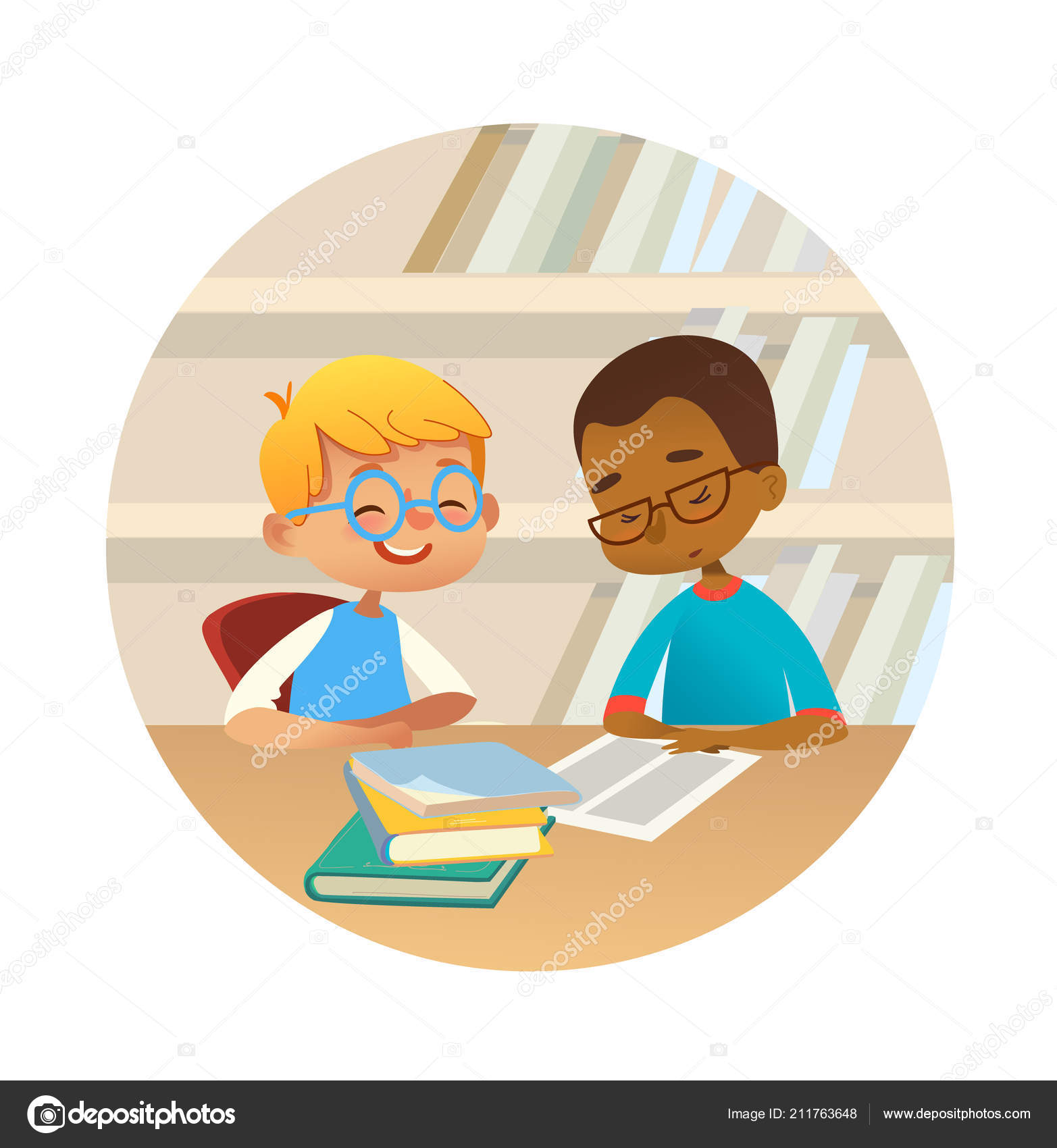 Smilende gutter med flere raser som leser bøker og snakker med hverandre på  skolebiblioteket. Skoleelever diskuterer litteratur i runde rammer.  Tegnevektorillustrasjon av banner, plakat . stockvektor © Lisitsa_  #211763648, image size:1565x1700