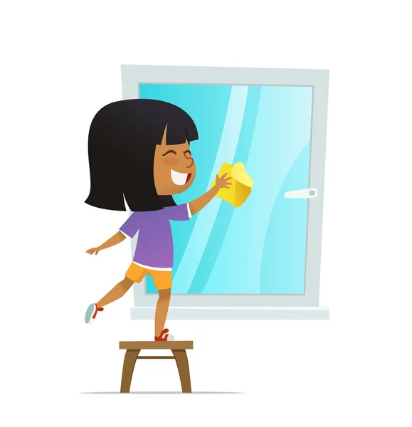 Smilind dziewczyna mycia okna, koncepcji Montessori angażowanie działań edukacyjnych. Ilustracja kreskówka wektor — Wektor stockowy