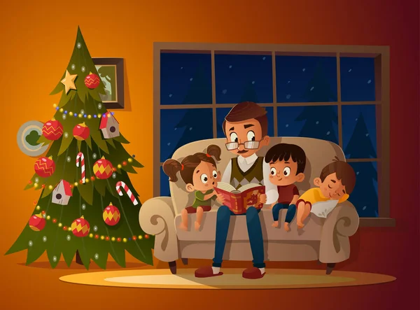 Avô sentado com netos em um sofá aconchegante com o livro, perto da árvore de Natal. Ler e contar histórias de contos de fadas. Rapazes e raparigas ouçam-no. Ilustração vetorial. Noite acolhedora — Vetor de Stock