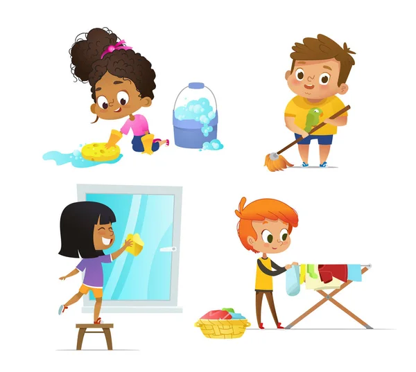 Collectie kinderen doen huishoudelijke routines - dweilen van de vloer, wassen venster opknoping kleren op het Droogrek. Concept van Montessori boeiende onderwijsactiviteiten. Cartoon vectorillustratie. — Stockvector