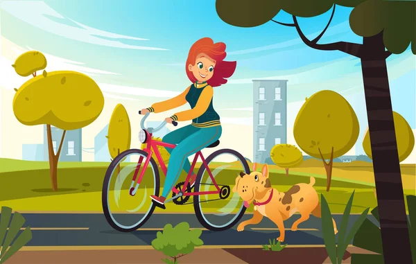 Ilustración de dibujos animados vectoriales de una joven pelirroja montando bicicleta en un parque o campo y un perro corre cerca de ella. Personaje de dibujos animados femenino. Mascotas en un paseo — Vector de stock