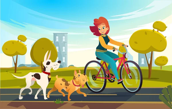 Ilustración de dibujos animados vectoriales de una joven pelirroja montando bicicleta en un parque o campo y un perro corre cerca de ella. Personaje de dibujos animados femenino. Mascotas en un paseo — Vector de stock