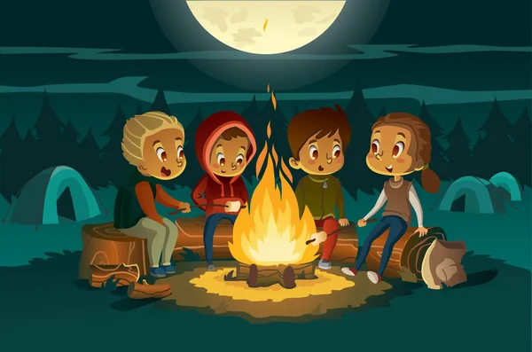 Niños acampando en el bosque por la noche cerca de un gran incendio. Niños sentados en círculo, cuentan historias de miedo y malvaviscos asados. Carpas en el fondo. Concepto de aventura y exploración. Vector — Vector de stock