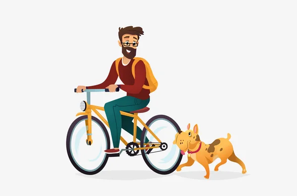 Vektor-Cartoon-Illustration eines jungen Mannes auf einem Fahrrad in einem Park, in dessen Nähe ein Hund läuft. männliche Zeichentrickfigur. Haustiere auf einem Spaziergang. isoliert auf weißem Hintergrund. — Stockvektor