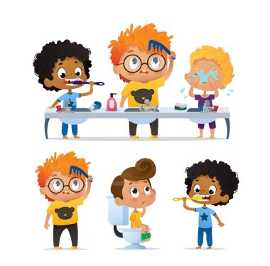 Vector Set of Illustration of cute kindergarten multiracial kids doing morning routine. Boy Brushing his teeth. Cute kindergarten Boy combs his tousle hair. Boy on the toilet clipart