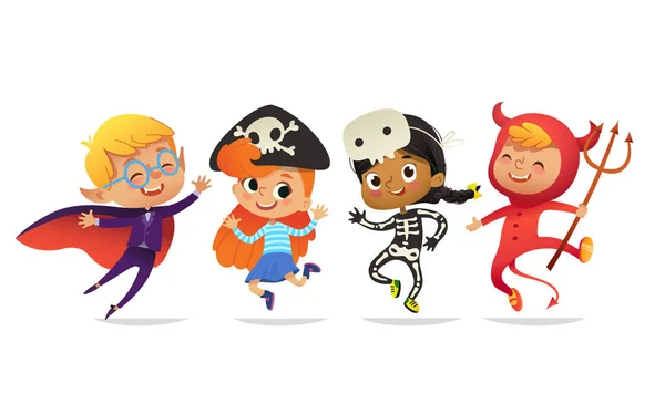 Conjunto de meninos e meninas multirraciais, vestindo trajes de Halloween isolados em fundo branco. Desenhos animados personagens vetoriais de Kid bruxa, pirata, Drácula, diabo, esqueleto, múmia, para festa, web, mascote —  Vetores de Stock