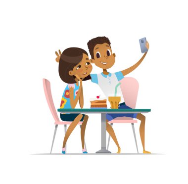 African-American girl and boy meeting at the cafe a and taking selfie. Teenagers friends at the restaurant taking photo on phone. Smiling students having coffee-break and taking self-portrait. clipart