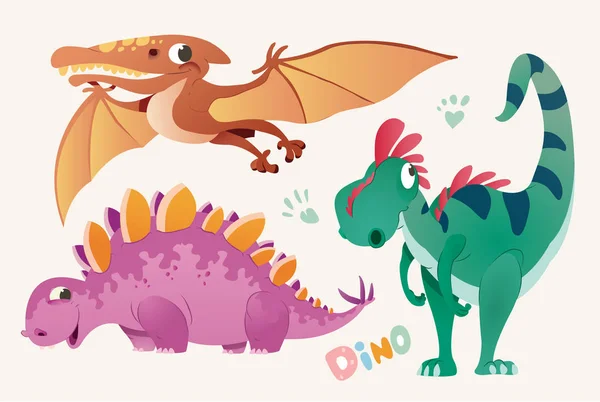 Coleção de dino bonito e Pterodactylus. Conjunto 1 de dinossauros coloridos e Pterodáctilo. Ilustração vetorial —  Vetores de Stock