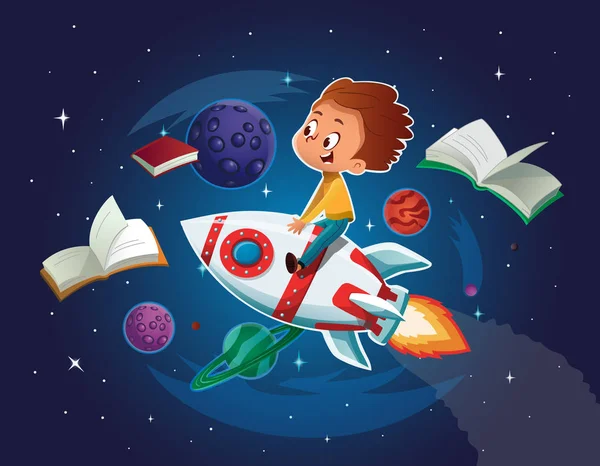 快乐的男孩玩, 想象自己在太空驾驶一个玩具空间火箭。书籍, 行星, 火箭和恒星的背景。动画片例证向量. — 图库矢量图片