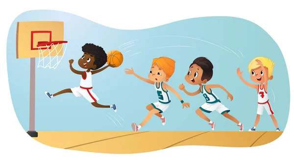 Ilustración vectorial de niños jugando al baloncesto. Juego en equipo. Competencia de equipo . — Vector de stock