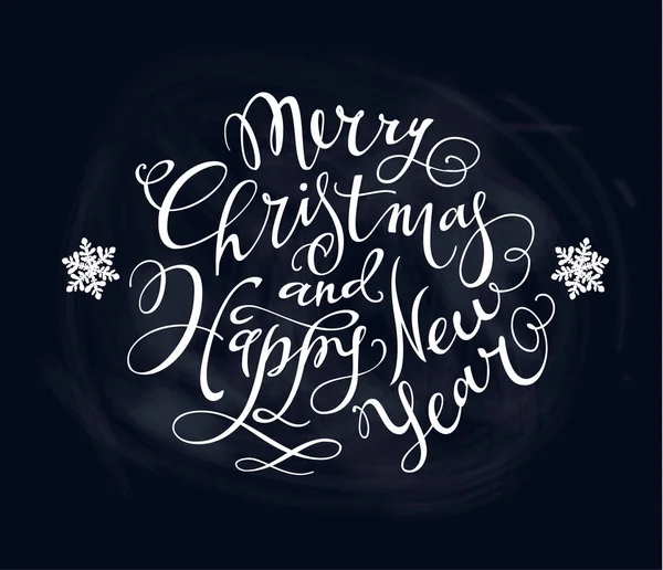 Feliz Navidad y Feliz Año Nuevo Dibujado a mano Letras basadas en una caligrafía de pincel sobre un fondo negro. Copos de nieve dorados sobre fondo negro. Vector . — Archivo Imágenes Vectoriales