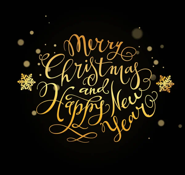 Feliz Natal e Feliz Ano Novo Cartas desenhadas à mão com base em uma escova Caligrafia sobre um fundo preto. Flocos de neve dourados sobre um fundo preto. Vetor . — Vetor de Stock
