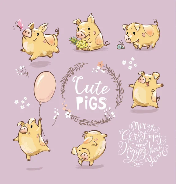 Set von niedlichen kleinen gelben Schweinen in verschiedenen Posen. Tanzendes Schweinchen, Schwein mit dem Luftballon. Neujahrssymbol des chinesischen Kalenders. das Jahr des Schweins. — Stockvektor