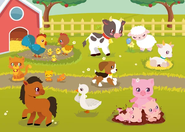 Schattige Baby boerderij dieren met Tsjechische landschap - koe, varken, schaap, paard, Haan, kip, kip, gans, geit, kat, hond. Schattige cartoon vectorillustratie in vlakke stijl — Stockvector