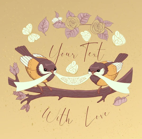 Bird ζευγάρι γλυκουλα κάρτα με Vintage λουλούδι. Όμορφα χαρούμενα γενέθλια χαιρετισμό κυκλικό έμβλημα. Καρτούν εικονογράφηση φορέα πρόσκλησης σε πάρτι. — Διανυσματικό Αρχείο